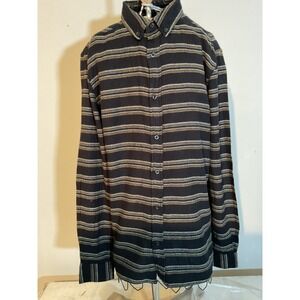 Carbon‎ Mens Small Classic Fit Flannel Shirt Striped Cotton Navy Brown L/S